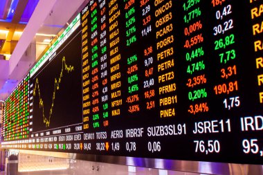 Sao Paulo, Brezilya, 22 Kasım 2022. B3, Brasil, Bolsa, Balcao 'nun modern ziyaretçi merkezinde, BOVESPA, Sao Paulo Menkul Kıymetler Borsası, şehir merkezindeki merkezde hisse senedi alıntılarıyla görüntüle