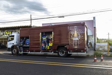 Marilia, Sao Paulo, Brazil, February 01, 2023. Trucks at the distribution and resale center of the AMBEV beer company on the streets of the city of Marilia, in the center-west region of the state of Sao Paulo