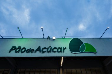 Sao Paulo, Brazil, February 17, 2023. Logo of the Pao de Acucar supermarket on the facade of a store in the city of Marlia