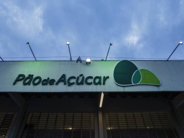 Sao Paulo, Brazil, February 17, 2023. Logo of the Pao de Acucar supermarket on the facade of a store in the city of Marlia