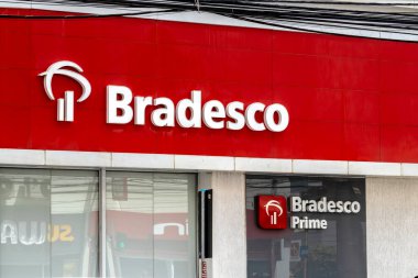 Marilia, Sao Paulo, Brezilya, 10 Şubat 2023. Marilia şehrindeki Bradesco bankasının ön cephesi, de Marilia, SP eyaletinin orta batı bölgesi..