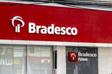 Marilia, Sao Paulo, Brazil, February 10, 2023. Facade of Bradesco bank branch sign in Marilia city, de Marilia, midwest region of the State of SP. clipart