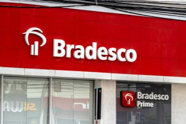 Sao Paulo, Brezilya, 10 Şubat 2023. Marilia şehrindeki Bradesco bankasının ön cephesi, de Marlia, SP eyaletinin orta batı bölgesi..