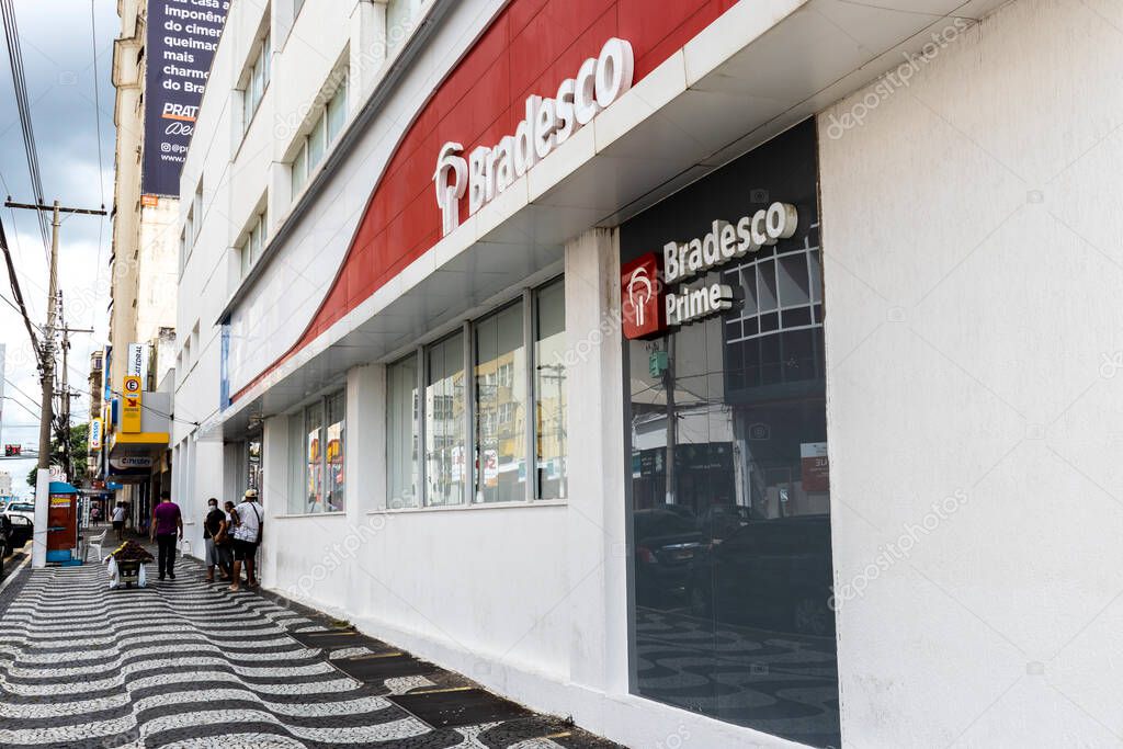 Marilia, Sao Paulo, Brazil, February 10, 2023. Facade of Bradesco bank branch sign in Marilia city,  midwest region of the State of SP.