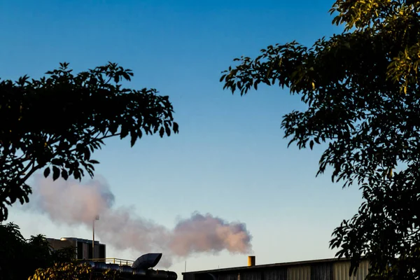 Smoking Chimneys Factory Plant Brazil Blue Sky Background — Stock Photo, Image