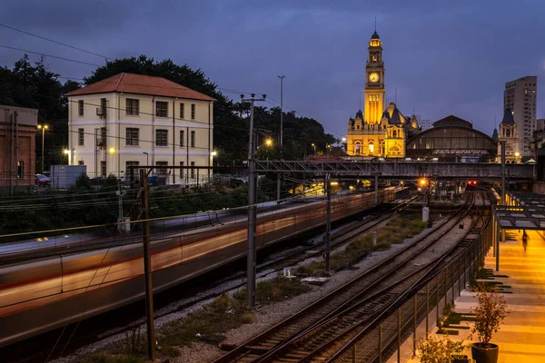 Sao Paulo şehir merkezindeki Julio Prestes İstasyonu ve Sala Sao Paulo binasının yanındaki CPTM manevra sahasında tren hareketleri ile Luz Tren İstasyonu ve Portekiz Dil Müzesi 'nin tarihi binasının ön cephesi..