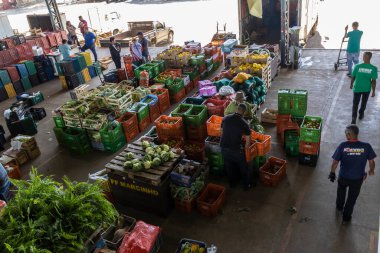 Marilia, Sao Paulo, Brezilya. 04 Eylül 2023. Marilia kentinin kuzey kesiminde meyve, yaprak ve sebze gibi ürünlerin satıldığı CEAGESP barakasındaki pazarın üst görüntüsü