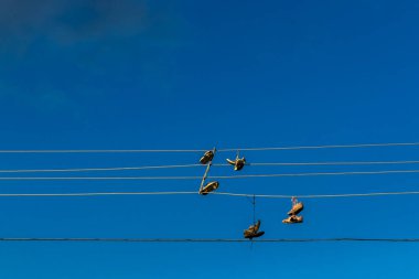 Brezilya 'da gökyüzüne karşı elektrik teli üzerinde asılı eski ayakkabılar. Ayakkabı fırlatma