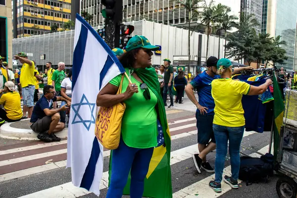 stock image Sao Paulo, SP, Brazil. February 25, 2024. Supporters of Jair Bolsonaro held a rally on Paulista Avenue, in Sao Paulo Brazil