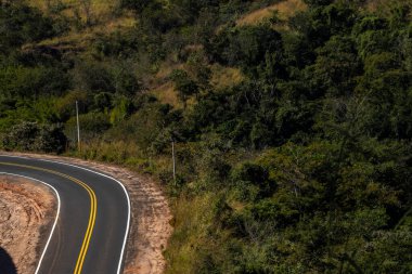 Brezilya 'daki bir dağ sırasındaki Atlantik ormanı ve okaliptüs tarlalarıyla çevrili boş bir kırsal yol manzarası