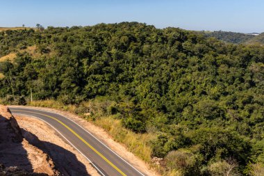 Brezilya 'daki bir dağ sırasındaki Atlantik ormanı ve okaliptüs tarlalarıyla çevrili boş bir kırsal yol manzarası