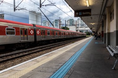 Sao Paulo, Brazil, April 24, 2023. Composition of the CPTM train, Sao Paulo Metropolitan Train Company, at the Agua Branca station on line 7 - Ruby, west zone of the city of Sao Paulo clipart