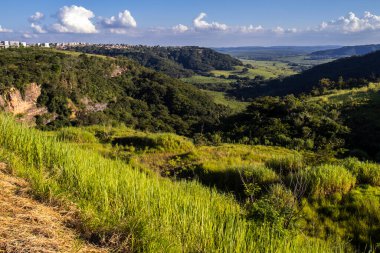 Ormanı, nehri, okaliptüs ağaçları ve çayırları olan güneşli yeşil dağ vadisinin renkli manzarası. Brezilya 'da bulutlu gökyüzünün altındaki sıradağlara karşı. Gün ışığında geniş dağ vadisi.