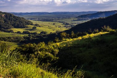 Ormanı, nehri, okaliptüs ağaçları ve çayırları olan güneşli yeşil dağ vadisinin renkli manzarası. Brezilya 'da bulutlu gökyüzünün altındaki sıradağlara karşı. Gün ışığında geniş dağ vadisi.
