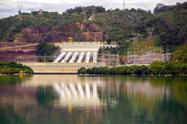 Rifaina, SP, Brazil, March 31, 2015. Jaguara Hydroelectric Plant e operada pela Engie Brasil Energia, located in Rio Grande, where the states of Sao Paulo and Minas Gerais border. clipart