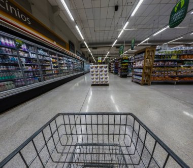 Sao Paulo, Brezilya, 22 Nisan 2024. Sao Paulo şehrindeki bir süpermarkette buzdolabında ürünleri olan koridorlar..