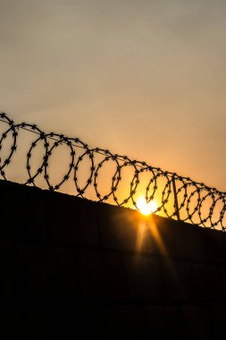 Brezilya 'da gün batımında gökyüzü olan bir evi korumak için duvarın tepesindeki dikenli tel kirpinin silueti.