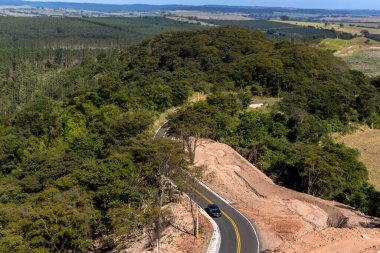 Brezilya 'da yeşil ormanlık ve okaliptüs ormanı olan kıvrımlı kır yolu manzarası.