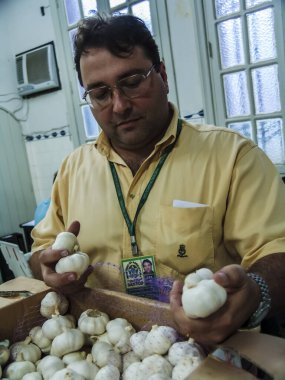 Santos, Sao Paulo, Brezilya, 23 Haziran 2004. Santos Limanı 'ndaki Tarım, Hayvancılık ve Malzeme Bakanlığı müfettişi Çin' den ithal edilen beyaz sarımsak kutularını inceliyor..