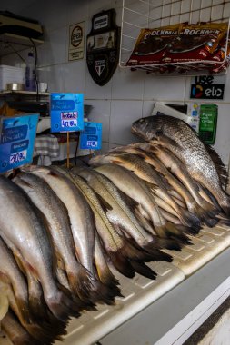Peruibe, Sao Paulo, Brezilya. 17 Ocak 2025, Brezilya. Peruibe 'deki bir balık pazarında taze deniz ürünleri sergisi. Balık, karides ve yengeç eti çeşitleri.