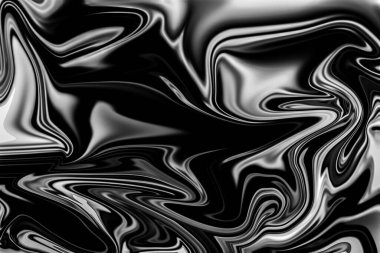 Soyut siyah-beyaz sıvı deseni. Işık ve karanlığın dinamik etkileşimi. Kavramsal temalar ve arka planlar için ideal