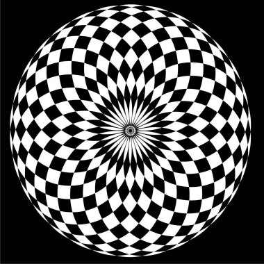 Bu soyut illüstrasyon siyah ve beyaz büyüleyici geometrik bir desen içeriyor. Görüntü derinlik ve hareket illüzyonu yaratır, kareler merkezi bir noktadan sarmal olarak düzenlenir..