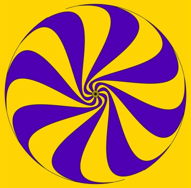 Canlı sarı ve mor çizgileri olan sarmal optik illüzyon. Görsel algı ve geometrik tasarımlar için soyut resim.