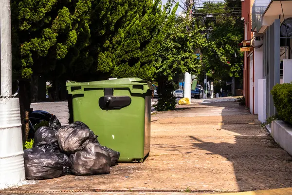 Yeşil çöp konteynırları ve siyah çöp torbaları yapraklı bir sokak kaldırımında. Atık yönetimi, kentsel hijyen ve çevresel farkındalık.