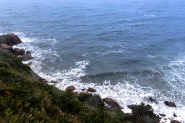 Brezilya 'da çarpan dalgalar ve esnek bitki örtüsüyle Rocky sahili. Arka plandaki ıssız bir ada dramatik kıyı sahnesine ekleniyor..