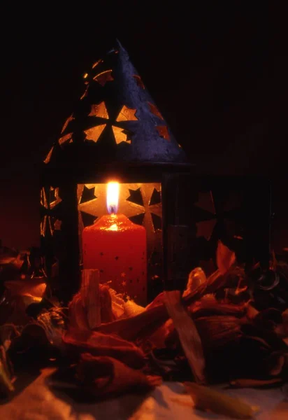 Christmas Decoration Burning Candle Snow — Stock Photo, Image