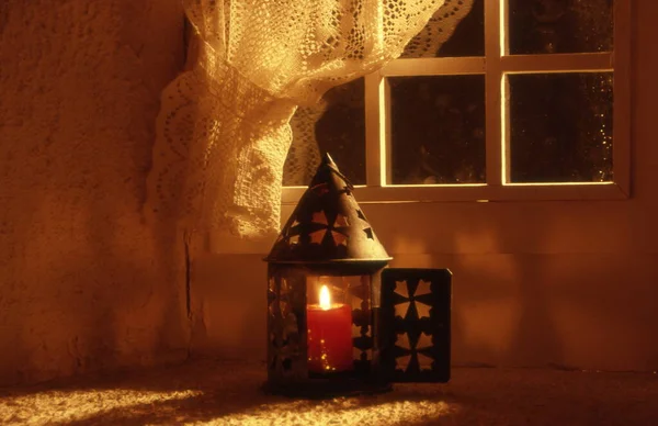 Christmas Lantern Background Fireplace — Foto de Stock