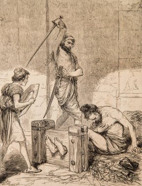 Bir gardiyan mahkumun kafasını kesmeye gitti, Ernest Renan 'ın İsa' nın hayatını, Godefroy Durand 'ın çizimlerini, yayıncı Michel Levy 1870