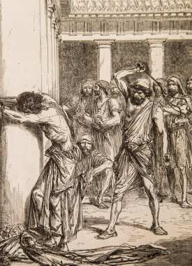 Kırbaçlama, haça yapılan işkencenin sıradan bir başlangıcıydı, Ernest Renan 'ın İsa' nın hayatı, Godefroy Durand 'ın çizimleri, editör Michel Levy 1870