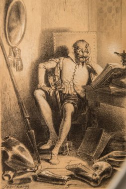 Don Kişot, Michel Cervantes 'in 1845 sayılı edisyonu Don Kişot de la Manche' nin şövalyelik romanlarını okumakla övünüyor.