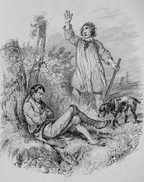 The Vacher and the Hunting Guard, Fables de Florian illustrated by Victor Adam, Publisher Delloye, Desme 1838