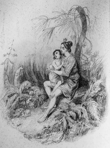 Çocuk annesi ve sarigues, Victor Adam tarafından çizilen Masallar de Florian, Yayımcı Delloye, Desme 1838