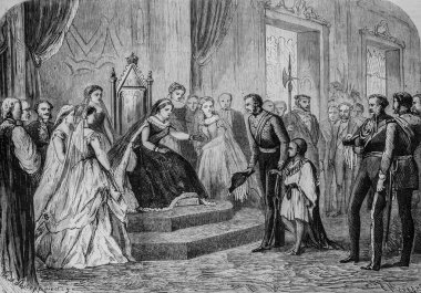 General Robert Napier, Negus Theodoros 'un oğlunu İngiltere Kraliçesi' ne sunar. Ünlü evren, editör Michel Levy 1868