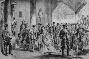 İngiliz yüksek aristokrasisinin üyeleri İngiliz Majestelerinin dondurucusunu almadan önce kıta için yola çıkıyorlar, ünlü evren, editör Michel Levy 1868