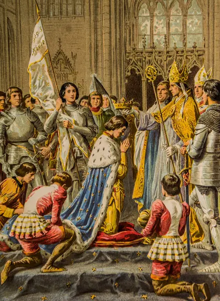 查尔七世的加冕仪式 Lix雕刻 Jean Anne Arc的故事 由Louis Moland 出版社Garnier Freres 1895 图库图片