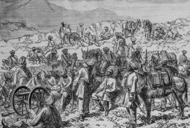 İngiliz Hindistan Pundjab sınırındaki yerli askerlerin durdurulması, ünlü evren, editör Michele Levy 1869