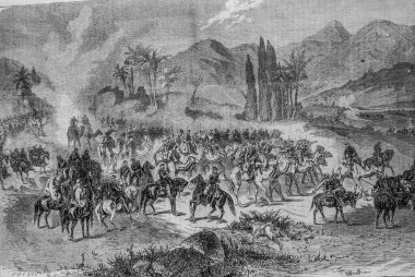 Cezayir, Oran eyaletinin güneyindeki bir keşif kolundan yürüyor. 'Ünlü evren, Michele Levy 1869 Yayımcısı.