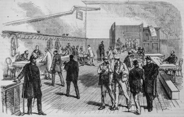 Paris 'te seçmen kartlarının dağıtımı Montmartre belediye binasında, ünlü evren, Yayıncı Michele Levy 1869