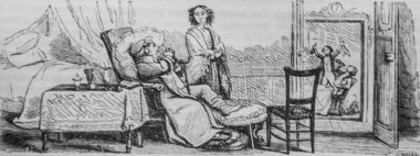 Yatakta çocuklu bir kadın resmi.