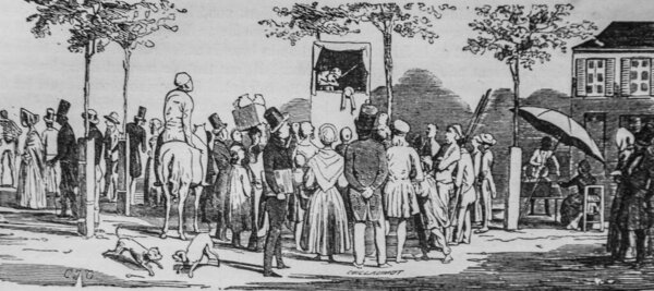 a drawing of a group of people standing in front of a building