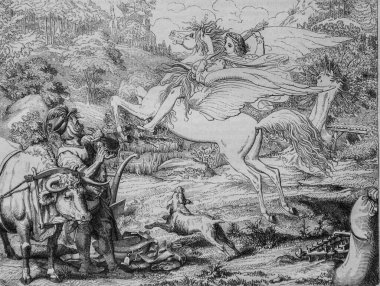 Pegase boyunduruğun altında, Edouard Charton 1855 'in resim dükkanı.