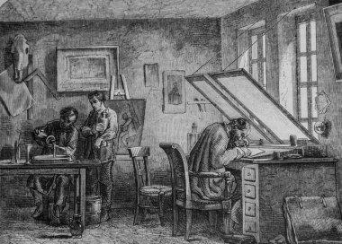 Oymacıların atölyesi, Edouard Charton 1855 'in resimli dergisi.