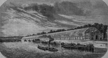 Seine nehrinin kıyısındaki Palais de l 'Expision Universelle' in ek binasının manzarası, Edouard Charton 1855 'in resim dergisi.