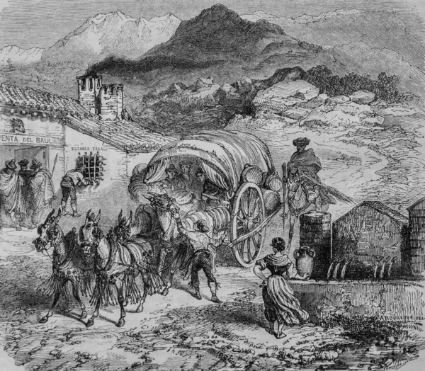 Galera Arriving Inn Sierra Nevada Picturesque Magazin Edouard Charton 1855 — Stock Photo, Image
