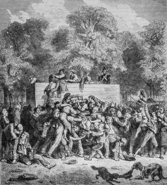 Champs Elysees 'de şarap ve yiyecek dağıtımı ilk imparatorluğun altında, Edouard Charton 1870' ten kalma pitoresk dergi.