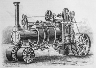 Buharlı sürme için vinç taşıyan lokomobil makine, M. Edouard Charton 1870 'in resimli dergisi.
